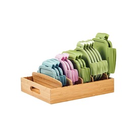Umilife Kitchen Cabinet Organizer for Food Storage Container Lids, with Adjustable Dividers, Bamboo Drawer Caddy, Box for Kitchen Storage And Organization