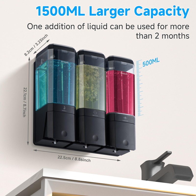 GlintGath Shower Dispenser 3 Chamber No Drill Wall Mounted Shampoo
