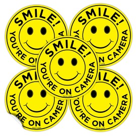 Kachy Signs (Set of 5) Smile You're On Camera Stickers - 4.5" Circle - Durable Self Adhes...
