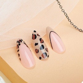 MERVF Almond Press on Nails Medium Fake Nails Light Brown French Tip Glue ons Leopard Design Stiletto Fall Cheetah Acrylic False Nail Glossy 24pcs