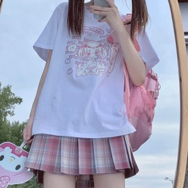 ZLMuMulin Japanese Harajuku Style Pastel Goth Kawaii Fashion Soft Crewneck Comic Cute Girl with Letter Print T-Shirt M White