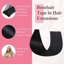 Benehair Injected Tape in Hair Extensions Human Hair Seamless Skin Weft Real Remy #1 Jet Black Tape in Hair Extensions 10 Pcs Invisible Natural 12 Inches (20g)