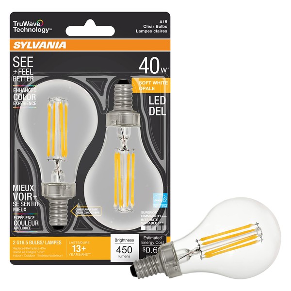 SYLVANIA LED TruWave Natural Series Ceiling Fan / Fixture Light Bulb, 40W A15 Soft White Candelabra Base, Dimmable, Clear - 2 Pack