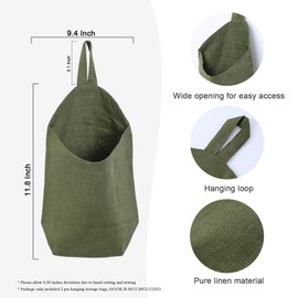 HSOFTIFY 100% Linen Hanging Storage Bags Baskets 2 Pcs, Small Wall Storage Bag for Kitchen, Bedroom, RV Camper Organizer, Sewing Room, Nursery Storage, Kids Room, Army Green