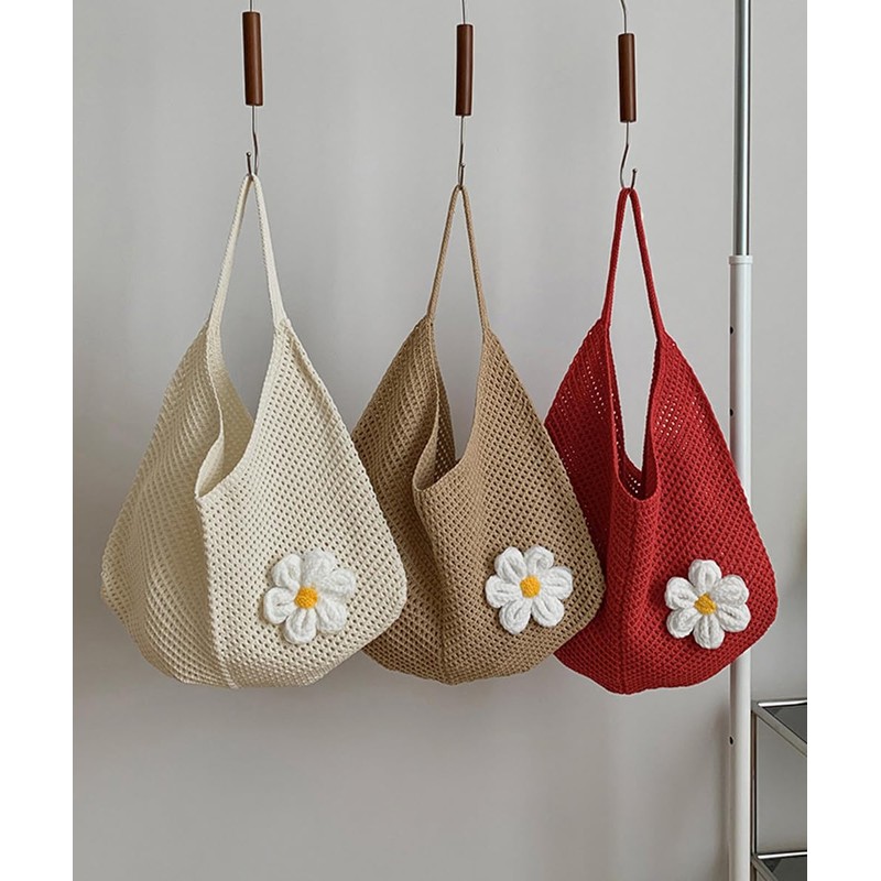 [miniministore] トートバッグ花モチーフ付き編みバッグ軽量（ブルー，ワンサイズ）