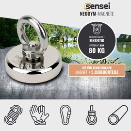 SENSEI 80 kg Set, N52 Neodymium Magnet with Eyelet, Diameter 4.8 cm x Height 1.2 cm, Sailing Rope 25 m, Protective Gloves + Accessories, Set with Eyelet Magnet for Magnetic Fishing in Water