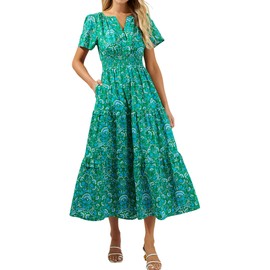 R.Vivimos Women's Summer Cotton V Neck Short Sleeve Boho Floral Print Elastic Smocked Waist A-Line Midi Dress with Pockets (Large, Green-Floral)