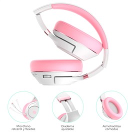 BINDEN Audifonos Gamer Dark Candy Bluetooth o por Cable Audifonos Inalambricos Baja Latencia 46ms Plegables Sonido 3D Microfono HD 25hrs Batería Compatible con iOS Android N-Switch PC, Blanco con Rosa