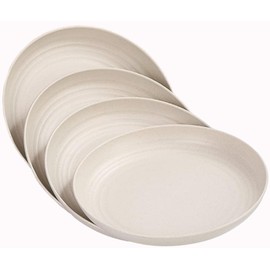 MaoMaoCha Wheat Straw Plates, Unbreakable Dinner Plate Set of 4, 8 Inch Plastic Plate Reusable, Dishwasher & Microwave Safe, Lightweight Salad Plates for Camping/Kitchen (Beige)