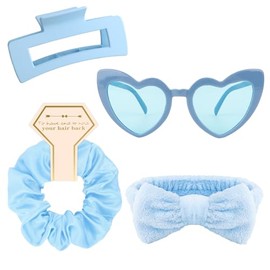 Semato 4 Pcs Blue Bridesmaid Proposal Gifts Bridesmaid Spa Headband, Hair Claw Clips, Heart Shaped Sunglasses and Smooth Satin Scrunchies