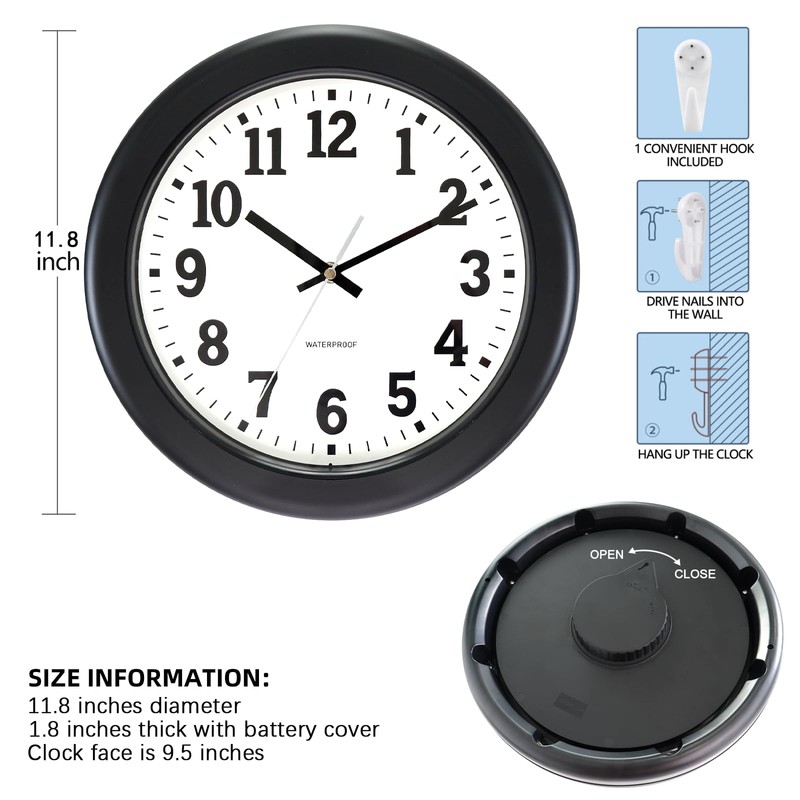 Caysie 12 Inch Sealed Indoor Outdoor Clock Waterproof, Silent Battery