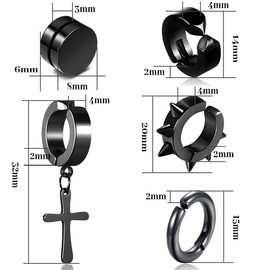 Non-Pierced Stud Earrings, Black, 4 Pairs, XiXiRan Stainless Steel Clip Earrings, Black, Hoop Earrings, Cross, Magnetic Stud Earrings, Stainless Steel Earrings, Men's Black Set, Hip Hop Punk Style,