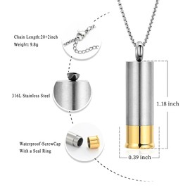 Oinsi Shotgun Shell Stainless Steel Cremation Urn Necklace for Men Keepsake Jewelry with Box and Fill Kits (Blank)