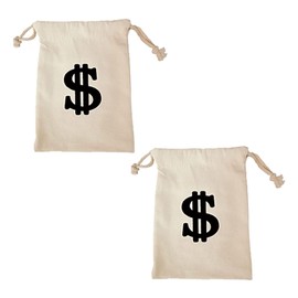 Pack of 2 money bags, one bag full of money, money bag, gift, bank bag, coin bag, dollar sign, drawstring, fabric bag, for accessories, clothing, fancy dress, robber costume, thief costume children