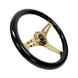 NRG Innovations NRG-ST-015CG-BK Steering Wheel - 350mm 25mm Deep Configuration, Classic Black Wood Grain Wheel with 3 Chrome Gole Spokes/Black Grip