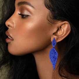 EVER FAITH 2 Leaf Round Rhinestone Crystal Classy Gala Pierced Drop Dangle Chandelier Earrings for Women Royal Blue Blue-Tone