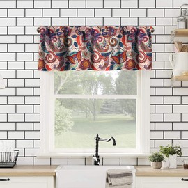 AuiMzoo Boho Kitchen Valance Curtains, Traditional Geometric Ethnic Beautiful Floral Style Rod Pocket Valance, 1 Panel Bathroom Bedroom Living Room Window Curtains Decor 54x18 Inches
