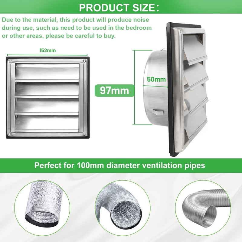 LALAGO Ventilation Grille 100 mm, Backflow Flap, Weather Protection Grille