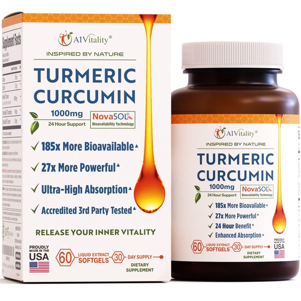 A1Vitality Turmeric Curcumin NovaSOL Supplements 1000mg More Potent Than Bioperine - Inflammation, Joint Pain Relief - 185x Bioavailable Than Turmeric Black Pepper Capsules – Natural Softgels