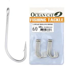 OCEAN CAT Classic Stainless Steel Fishing Hook Short Long Spear Barbed Offset Point Octopus Hooks Circle Trolling Hooks Fishing Tackle for Saltwater and Freshwater (6/0, Long Spear)