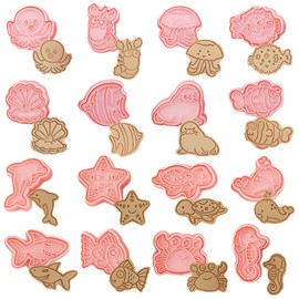 16Pcs Ocean Animal Cookie Cutters with Plunger Stamps Set, Fish, Dolphin, Starfish Plastic Biscuit Cutters, Sea Themed DIY Embossing Cutter for Biscuit Cookie Fondant Cheese Baking (F16)