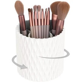 360° Rotating Makeup Brush Organiser, Spinning Multi-Purpose Cosmetics Organizer with 5 Compartments, Classic Style Pen Pencil Holder for Office, School & Vanity, Desktop Bathroom(COLOR:white)