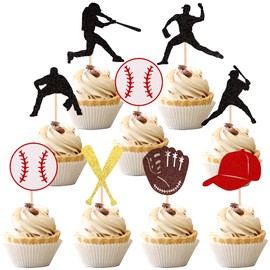24 piezas de decoración para cupcakes de béisbol, con purpurina, jugadores de béisbol, deportes, cupcakes, béisbol, deportes, baby shower, niños, fiesta de cumpleaños, decoración de tartas, suministros