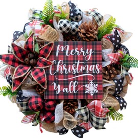 TEMPUS 18“ Christmas Door Wreaths Red Burlap Mesh Pinecone Wreath with Celebrate Christmas Sign for Front Door Outside Decorations