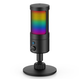 Faunow Microphone, USB Condenser Microphone, PC Microphone, RGB Light, One-Touch Mute, Cardioid Oriented, Plug & Play, Plug & Play, Headphone Connection, Volume Control, Built-in Shock Absorber, Ultra