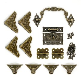 Antique Jewelry Box Lock Latches Hasp Hinges Retro Drawer Handle Vintage Box Legs Feet Corner Protector with Screws Hardware Kit Decorative for Small Jewelry Gift Box Wood Case Crafts DIY (One Set)