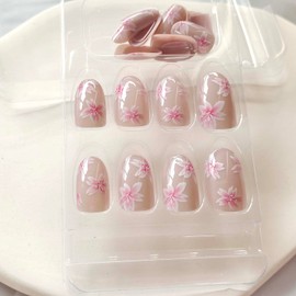 Oval Press on Nails Pink Flower Fake Nails Spring Cherry Blossom False Nails Short Glue on Nails Glossy Acrylic Nails with Five Petal Flower Designs Summer Sparkling Artificial Stick on Nails