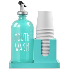 Turquoise Mouthwash Dispenser for Bathroom, 16 OZ Glass Mouthwash Dispenser with Wood Cup Holder and Tray, Mouth Wash Bottle Container, Teal Kitchen Bathroom Decor and Accessories