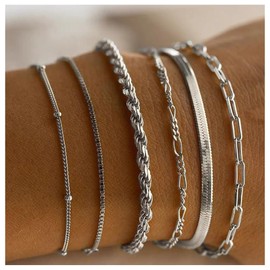 JEYORZY 6 Pieces Chain Bracelets for Women, Bracelet Women's Twist Figaro Chain Bracelets Adjustable Fashion Jewellery Bracelet Set Silver Bracelets for Women Girls Bracelet for Women
