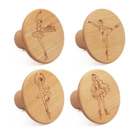 wooloow Ballet Wall Hooks Round Made of Real Wood, Set of 4 Children's Wardrobe, Multi-Purpose Wall Hooks Suitable for Clothes, Handbag and Headphones, Decorative Children's Room Clothes Hooks and