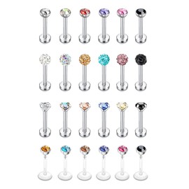 Suprsparkle 24 Pcs 16G Hypoallergenic Stainless Steel Lip Monroe Medusa Labret Jewelry With 3mm Cubic Zirconia For Women Men Forward Helix Earrings Cartilage Tragus Earrings Stud Piercing Jewelry8mm