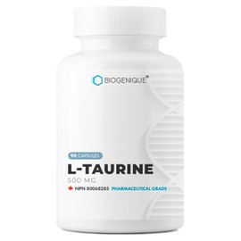 Biogenique Taurine 500mg - 90 L-Taurine Capsules - Supports Cardiovascular Health, Cell process & Athletic Performance, Amino Acids supplements Made in Canada, Non-GMO, Vegan