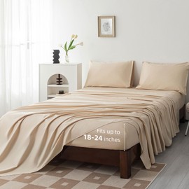 Levoo 100% Egyptian Cotton Sheets King Size Set 18"-24" Extra Deep Pocket King Sheets Set Soft Breathable Cooling 4Pcs Bed Sheets with 1 Flat Sheet, 1 Fitted Sheet, 2 Pillowcases (King, Beige)