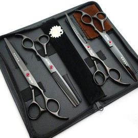 KINGSTAR 7.0in Titanium Black Professional Pet Grooming Scissors Set,Straight & Thinning & Curved Scissors 4pcs Set for Dog Grooming,(Black)