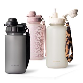 MAMEIDO Children's Water Bottle 500 ml with Straw & Tritan Carry Strap, Leak-Proof Water Bottle, BPA-Free Bottle for Boys and Girls (Carbon Grey, 0.5 L)