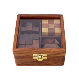 Ajuny 4 Puzzles in a Box - Wooden Brain Teaser Puzzles with Decorative Glass Lid Storage Box, 3D Puzzles for Adults and Kids, Educational Mind Game Ideal Home Decor Unique Gift