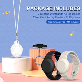 TOLUOHU AirTag Case, Waterproof AirTag Bracelet & Necklace for Kids, Soft Silicone Air Tag Holder with Key Ring (Black+ Beige, White)