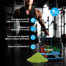 GreenPulse Morning Boost Jugo Verde en Polvo Sabor Frutos Rojos - Con Guaraná, Café Verde, Fibra, Probióticos y Enzimas Digestivas, Sin Azúcar, 30 Sob