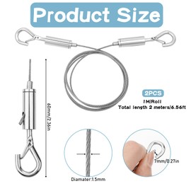 Picture Hanging Cord Adjustable Photo Rope Picture Hanging Set Wire Rope with Eyelets 2 m × 1.5 mm Stainless Steel Rope Hanging Wire with Hooks for Hanging Mirrors, Picture Frames, Light Lam (Pack of