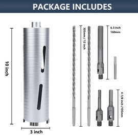 3 inch Diamond Dry Core Drill Bit, 10" Drilling Depth, 5/8"-11 Thread for Concrete Granite Masonry Brick Block, Includes 3 Adapters SDS Plus, SDS Max and Hex (3 inch)