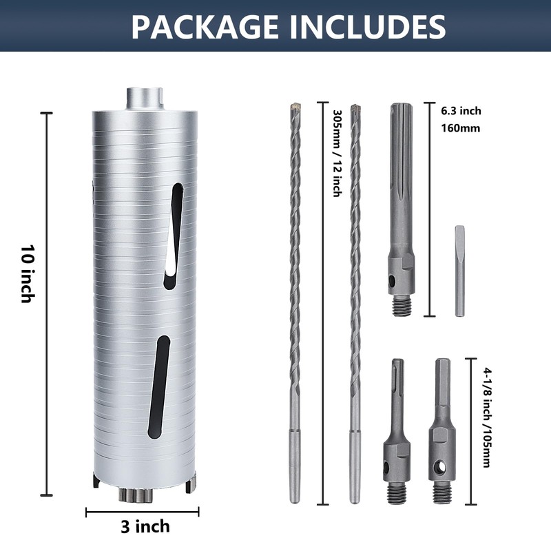 3 inch Diamond Dry Core Drill Bit, 10" Drilling Depth,