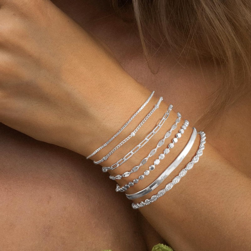 Kyerlyn Dainty Silver Bracelets for Women, Sterling Silver Bracelet Stack