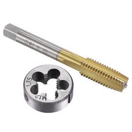 sourcing map Tap and Die Set Metric M14 x 2, HSS (High Speed Steel) Titanium Plated Machine Straight Flute Thread Screw Tap, Alloy Steel Round Threading Die