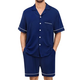 SWOMOG Mens Pajama Set Shorts Button Down Short Sleeve Sleepwear Soft Modal 2Pcs Pj Set with Pockets Navy Blue Medium