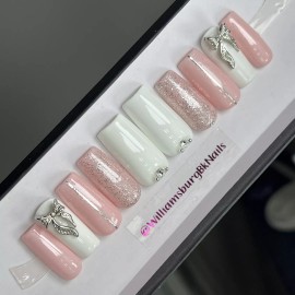 Handmade  CUSTOM Gel Press On Nails, Pink BOW W/ Bling 10p set FULL SET W Kit