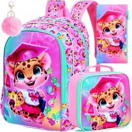 AGSDON 3PCS Backpack for Girls, 16" Kids Elementary Backpacks with Lunch Box, Reflective ReLeopard Bookbag for Kindergarten